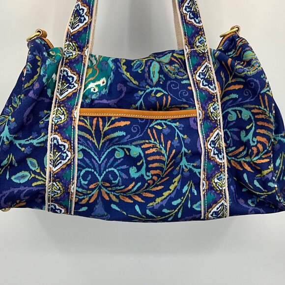 Dena Blue & Multicolor Tapestry Travel Bag Leather Accents No Strap - Picture 3 of 6